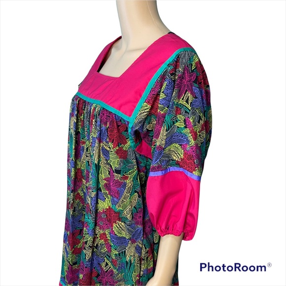 COPY - Vintage 80s Krist Gudnason Dress MuuMuu House Kaftan Pink Pockets M/L - Picture 3 of 6